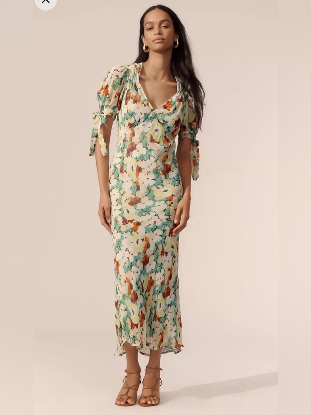 Anthropologie Floral Tie-Sleeve V-Neck Maxi Dress in Cream, Green and Rust
